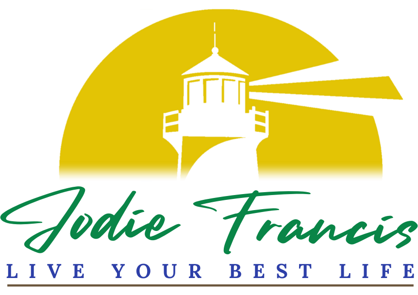 Go to jodiefrancis.com home page. Logo with a lighthouse in front of a golden sun and the words “Jodie Francis, Live your best life”